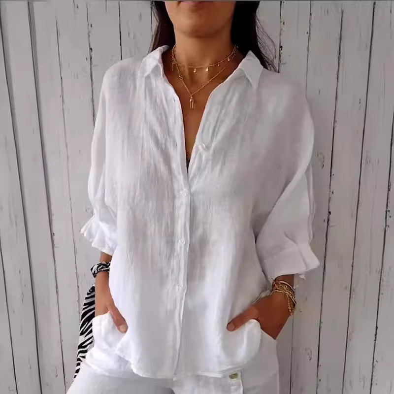 Women's Summer Cotton Linen Shirt - Casual Loose Fit Blouse for Streetwear