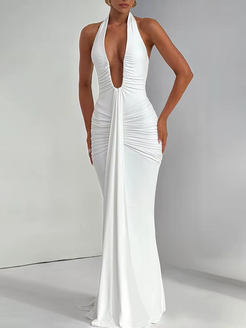 Elegant Deep V-Neck Draped Ruched Maxi Dress for Women - Summer Halter Sleeveless Backless Party Wear
