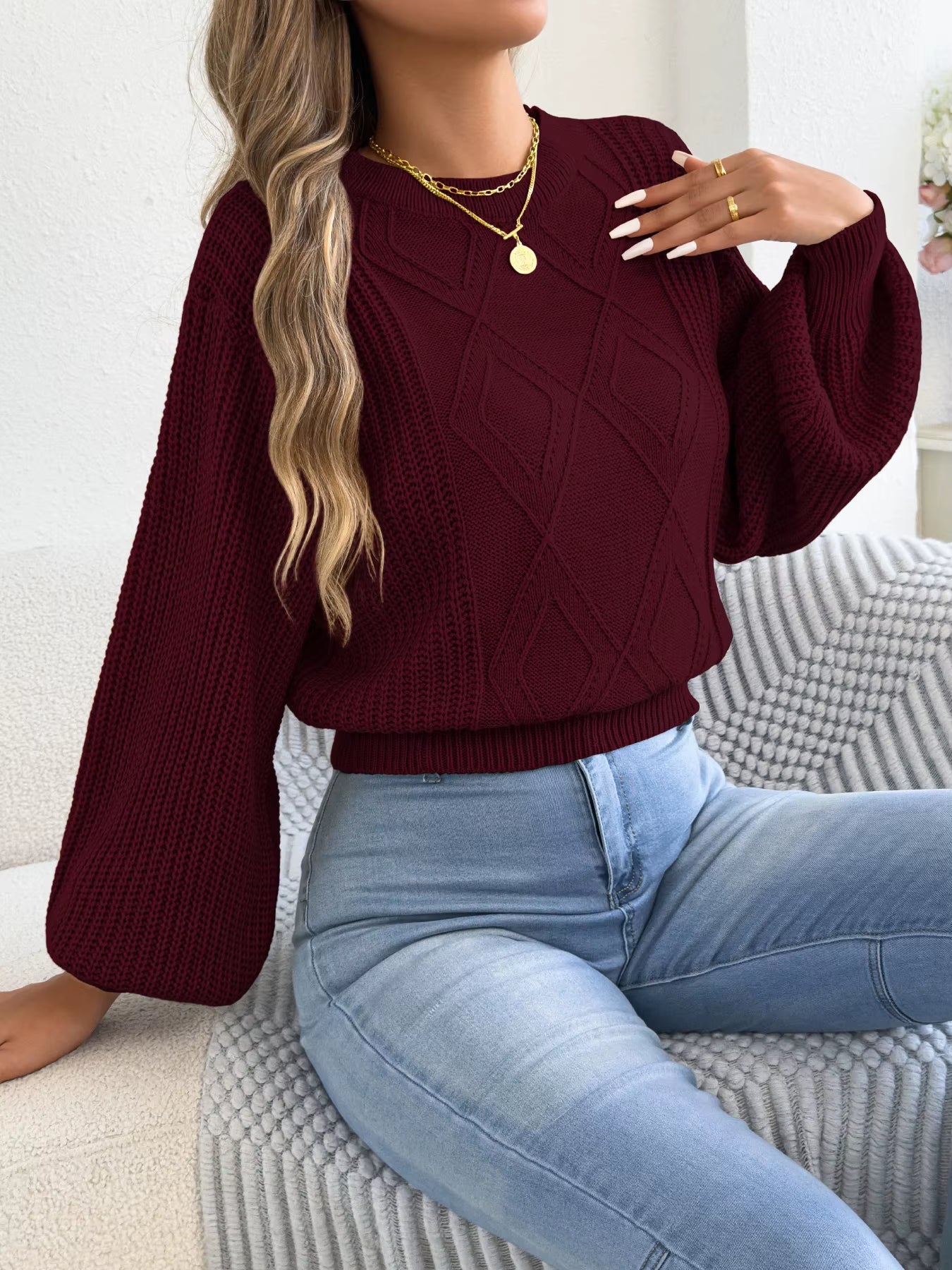 Women'S Solid Color round Neck Lantern Long Sleeve Knitted Sweaters for 2025 Autumn Winter Clothes Yellow Red Khaki