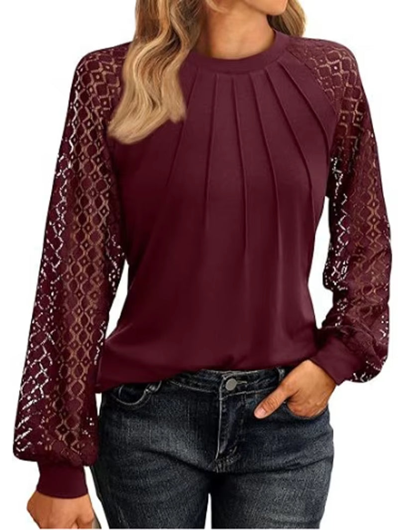 Elegant Lace Pleated Solid Color Blouse for Women - Round Neck Lantern Long Sleeves for Autumn Casual Wear