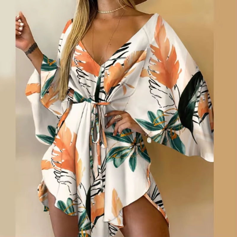 Bohemian Floral Print V-Neck Bat Sleeve Mini Dress for Women - Summer Vacation Sundress