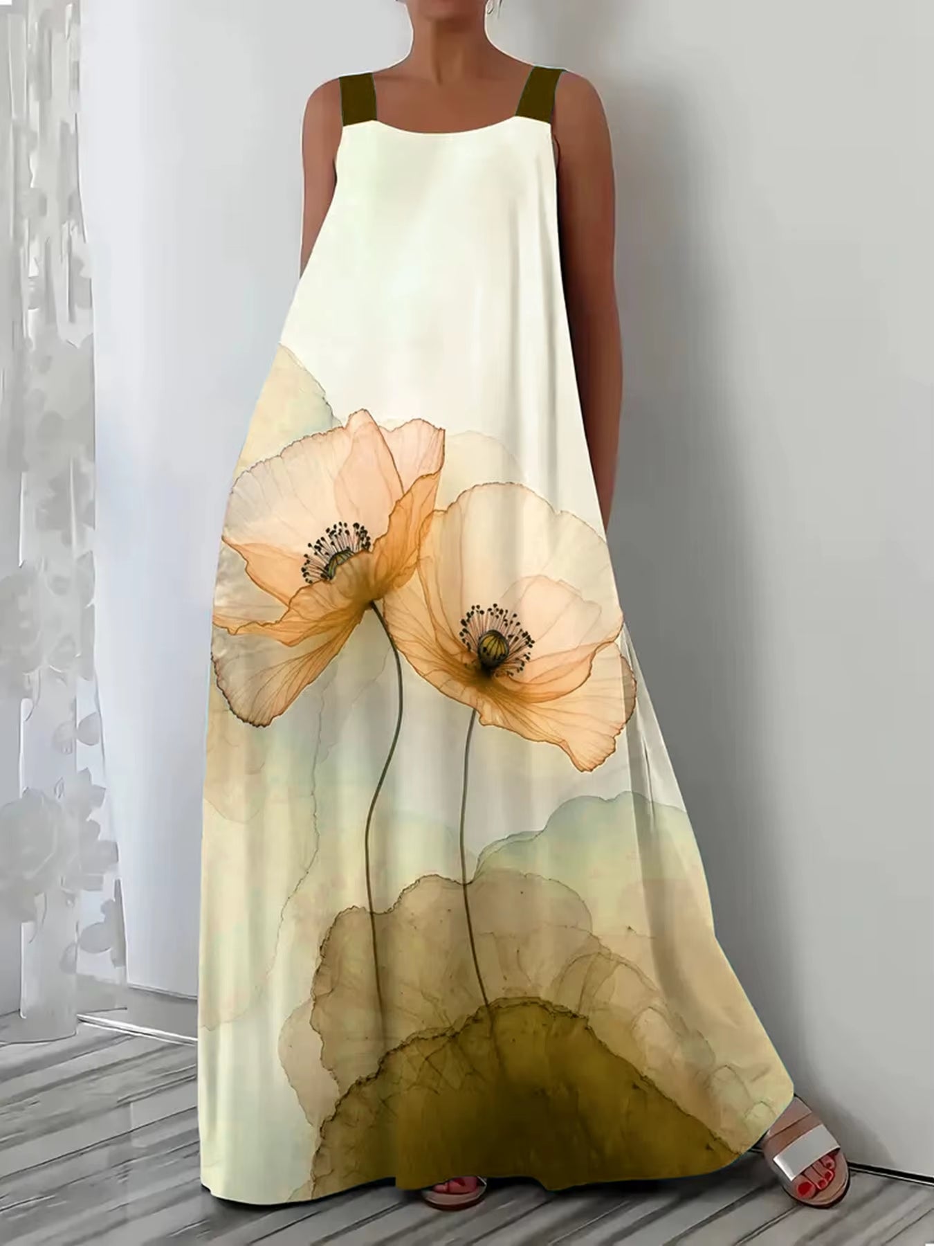 Plus Size European and American Casual Vacation Print Suspender Dress for Spring and Summer