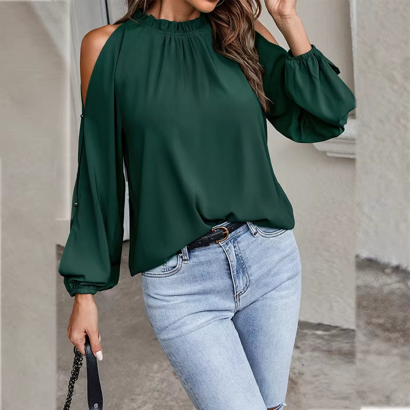 Women's Pleated Off-Shoulder Top with Lotus Leaf Design in Clean Autumn and Winter Colors