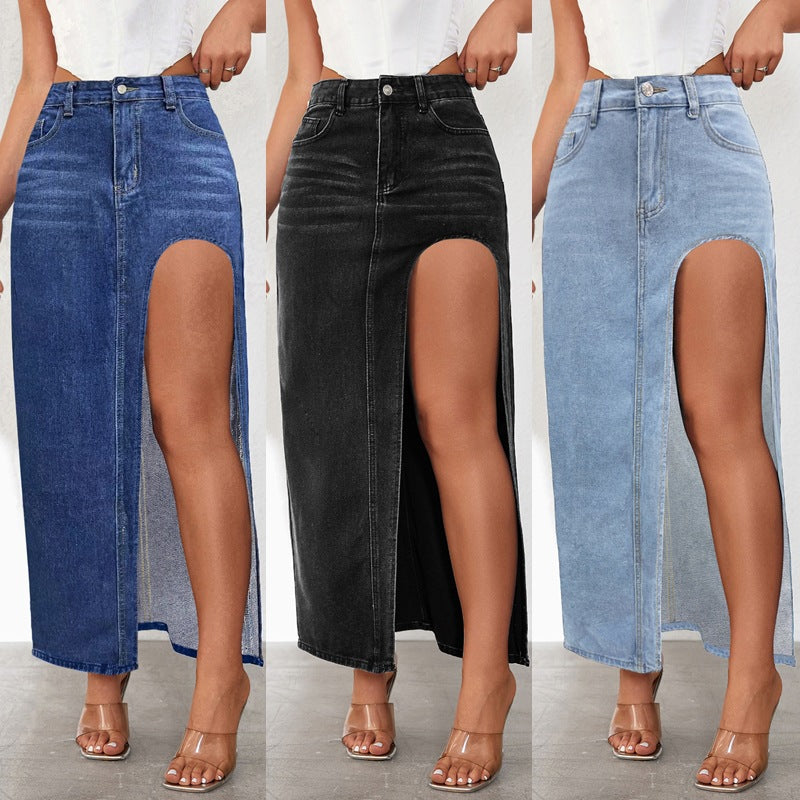 Washed Solid Color Midi Denim Skirt with High Slit for Women