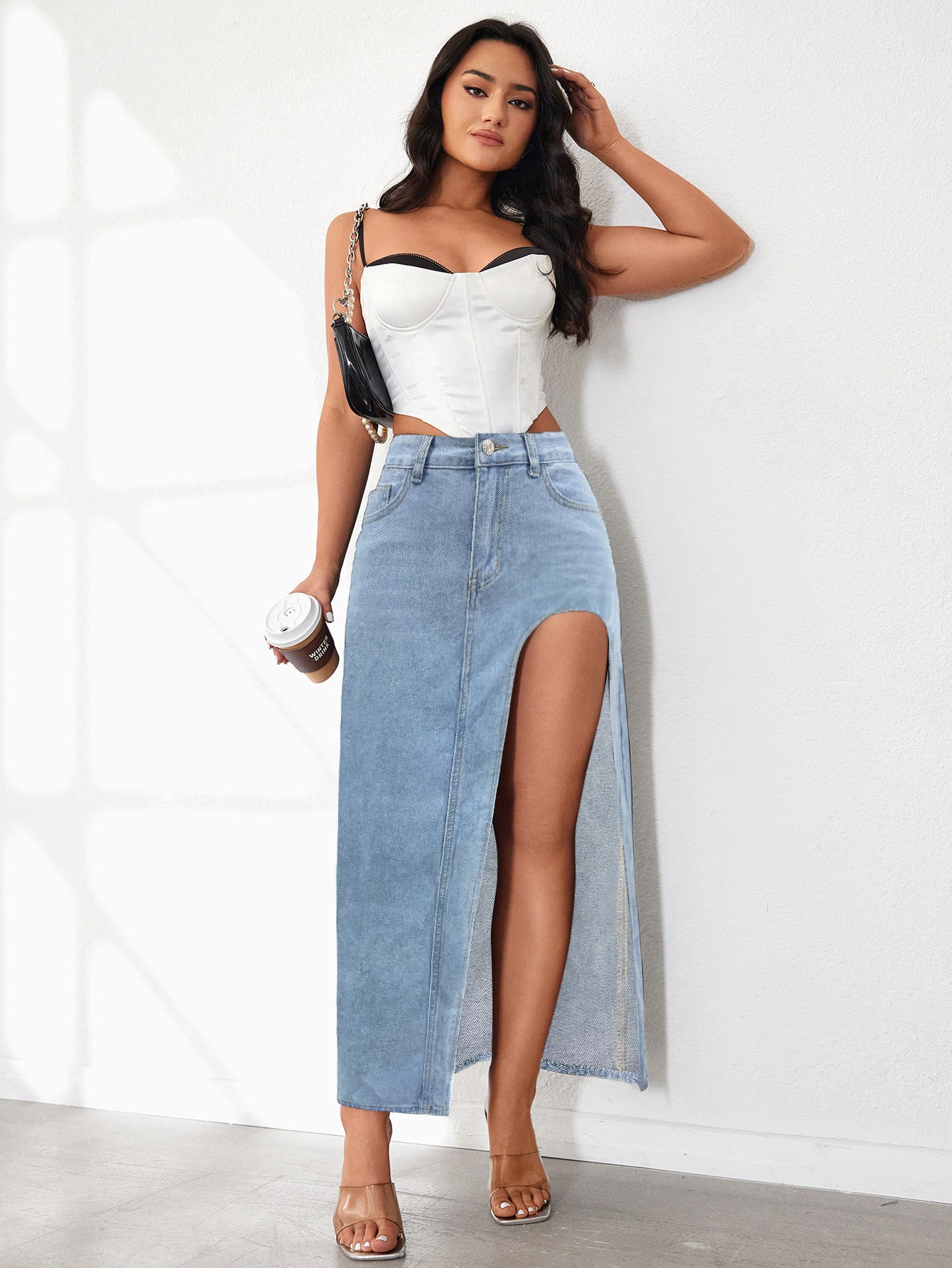 Washed Solid Color Midi Denim Skirt with High Slit for Women