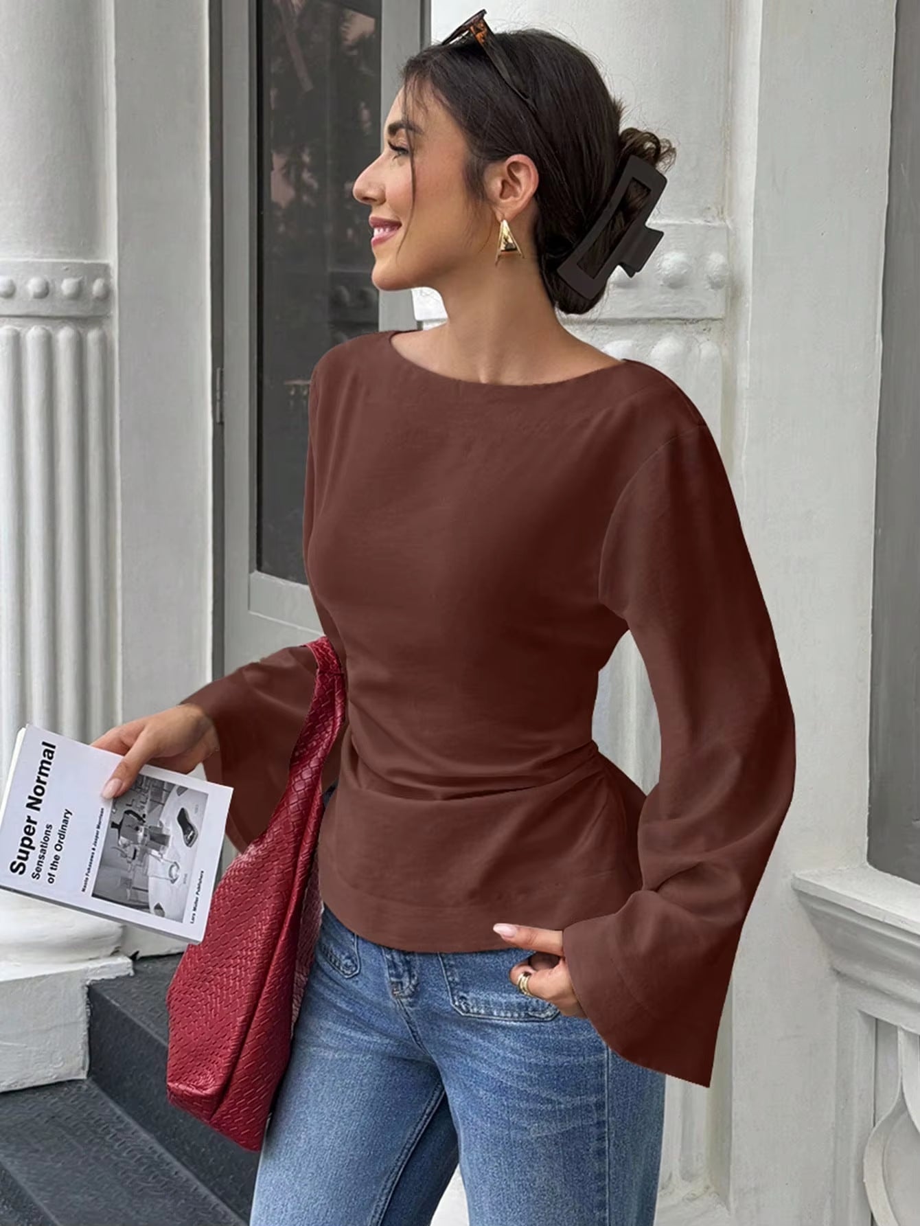 Women's Elegant Boat Neck Flare Sleeve T-Shirt with Back Tie - Slim Fit Long Sleeve Top for Spring/Fall