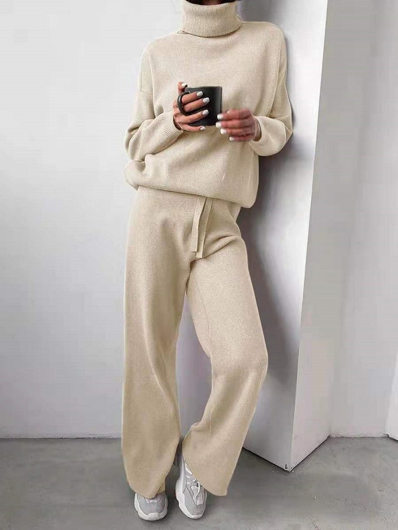 Casual Fashion Suits for Women Turtleneck Sweater and Drawstring Straight Pants