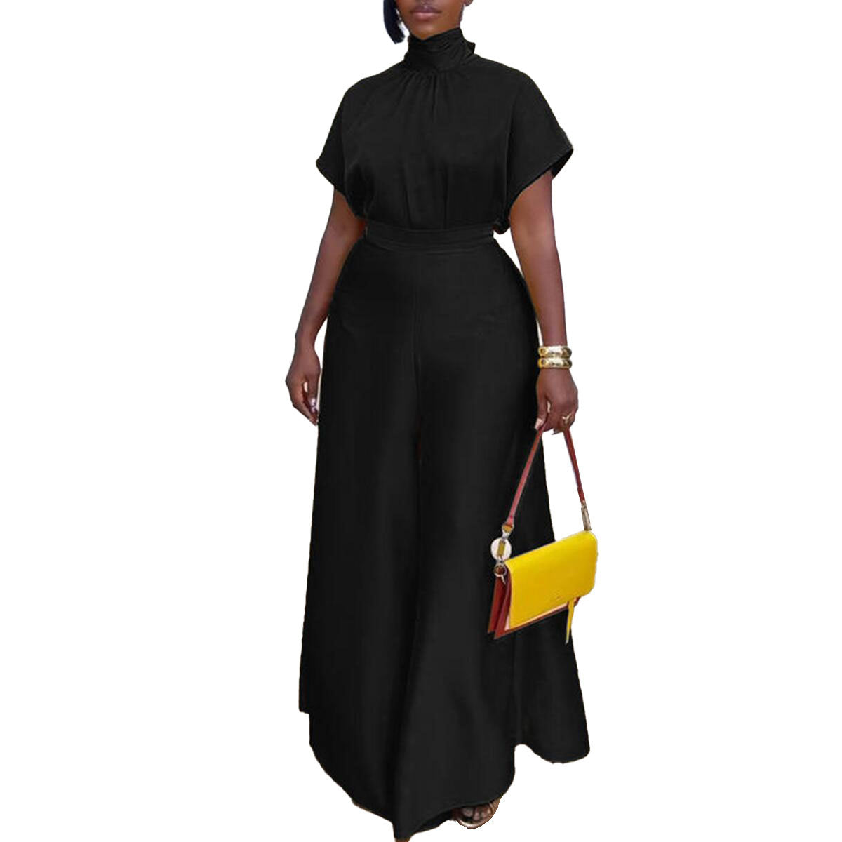 Satin Silky Strap Flounced Sleeve Wide Leg Two-Piece Set