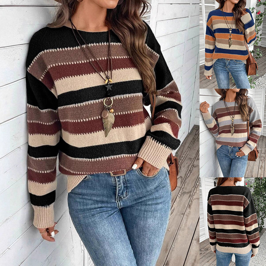 Colorblock Striped Pullover Sweater for Women - Casual Long Sleeve Top for Fall and Winter