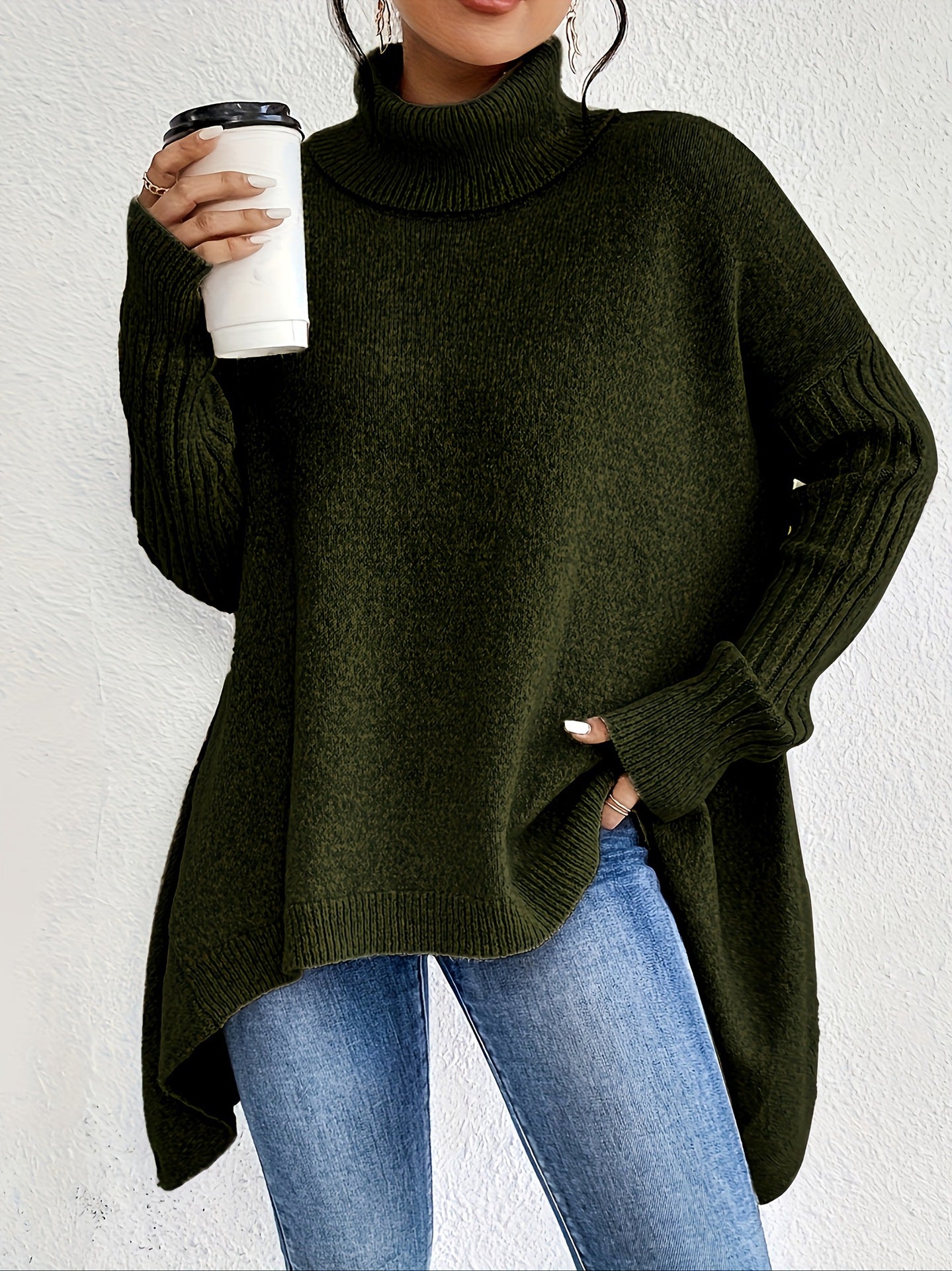 Irregular Turtleneck Loose-Fit Knitted Sweater for Women - Long Sleeve Winter Pullover