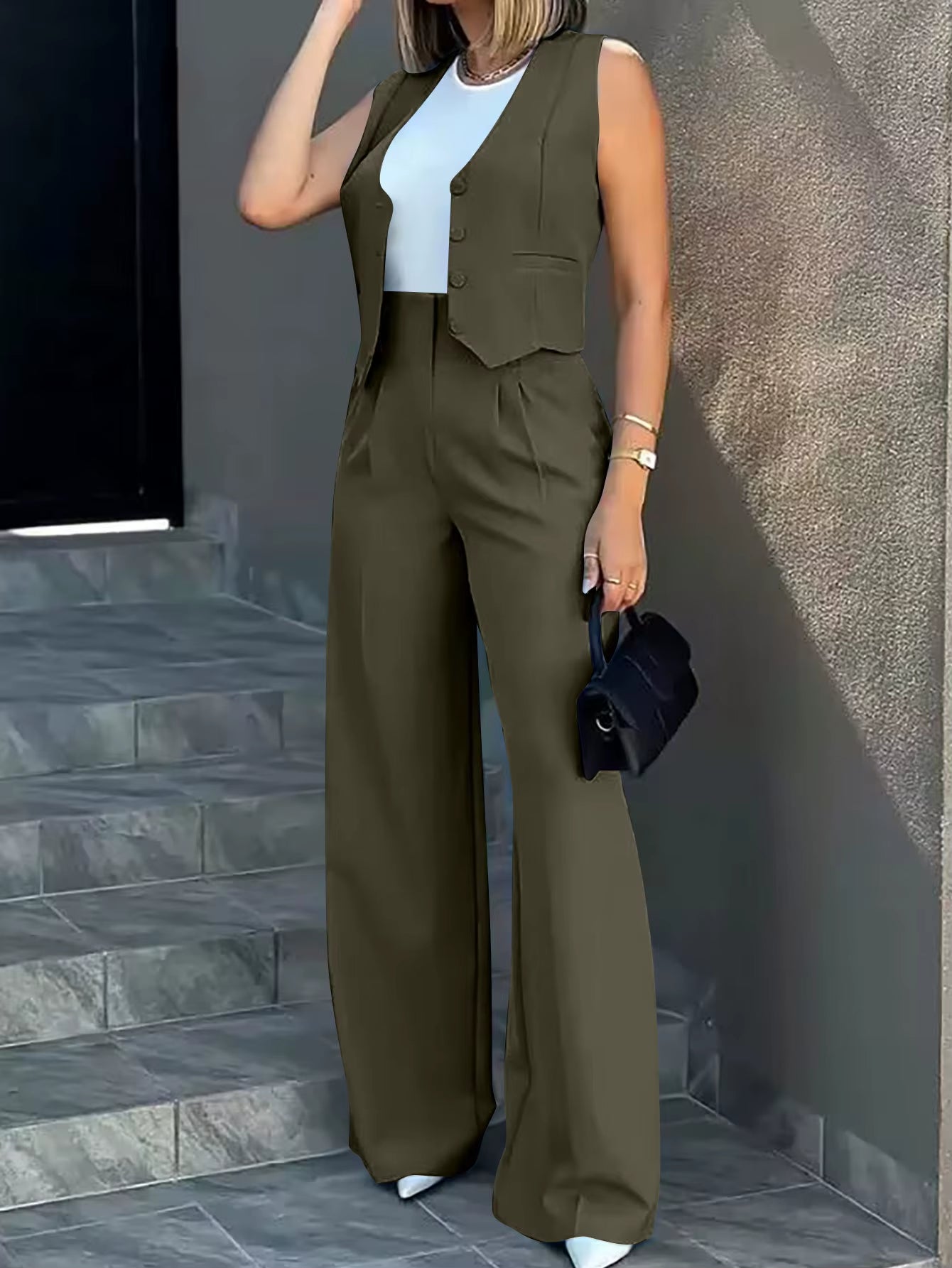 Stylish Women Commuting Vest Tops High Waist Wide Leg Pants 2024 Spring Autumn V Neck Sleeveless Button Regular Work Pants Set