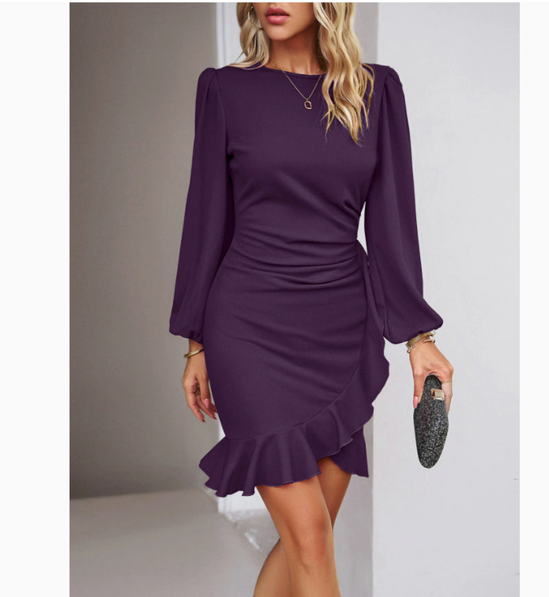 Women's Elegant Puff Sleeve Solid Color Slim-Fit Short Dress