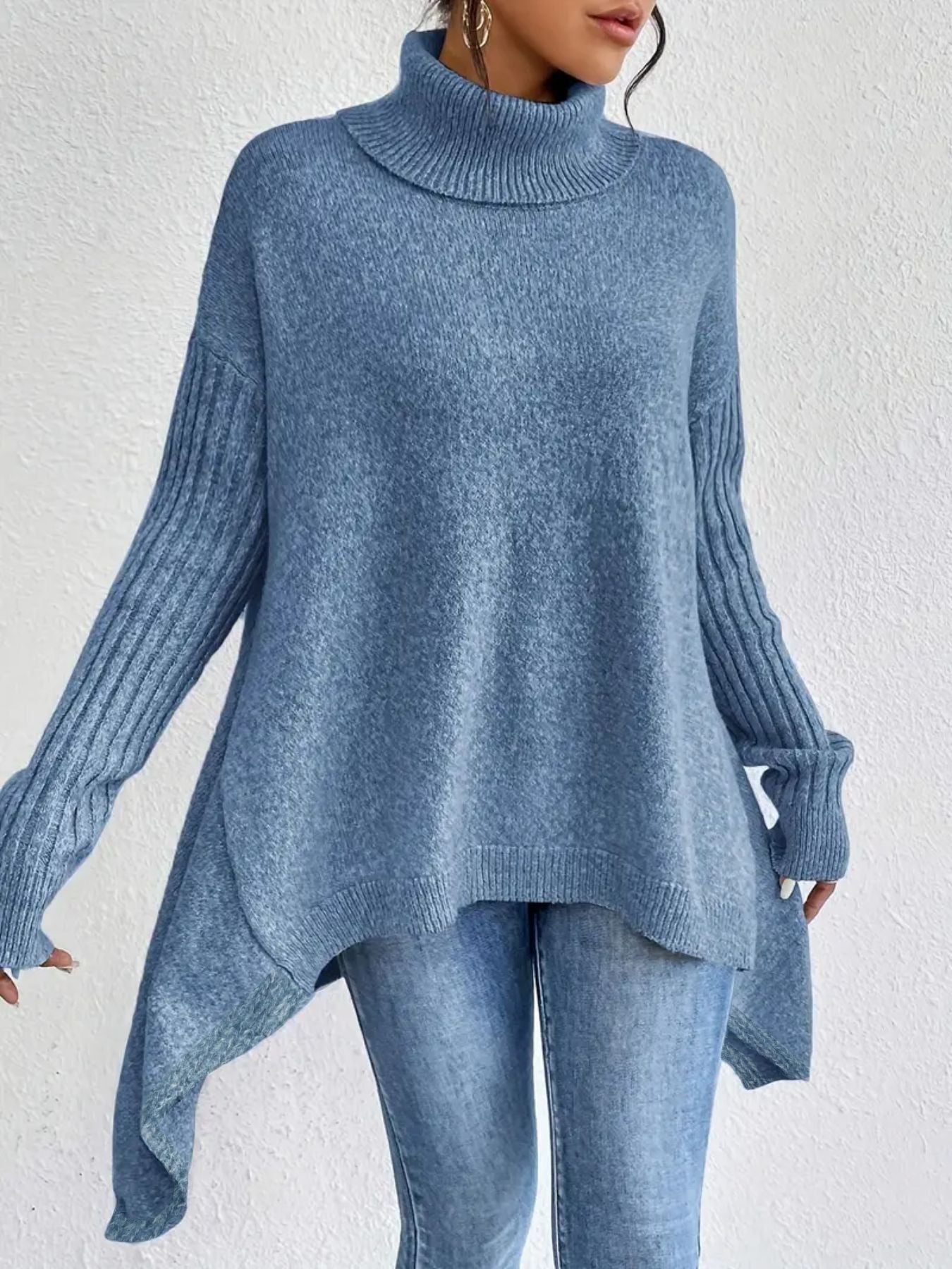 Irregular Turtleneck Loose-Fit Knitted Sweater for Women - Long Sleeve Winter Pullover