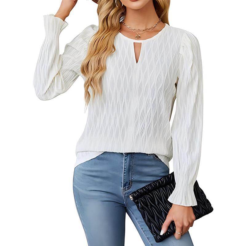 Jacquard Long Sleeve Round Neck Top for Women