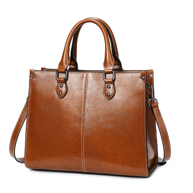 Genuine Leather Women's Crossbody Tote Bag - Fashionable Cowhide Messenger for Shopping and Office Use