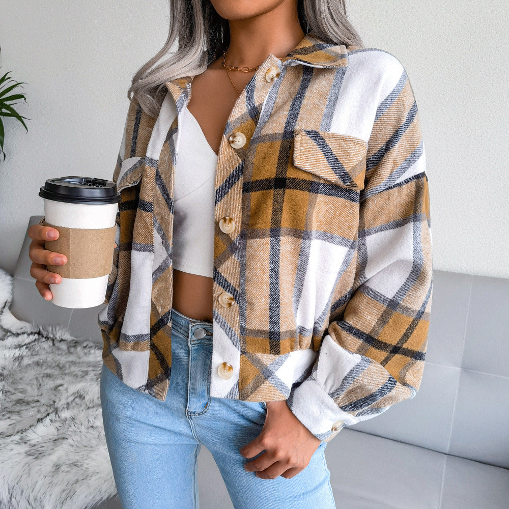 Plaid Lapel Cropped Jacket for Women - Loose-Fitting Long Sleeve Outwear Coat