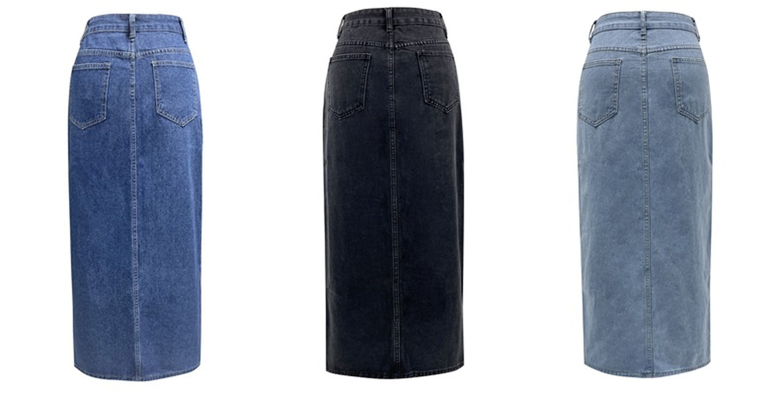 Washed Solid Color Midi Denim Skirt with High Slit for Women