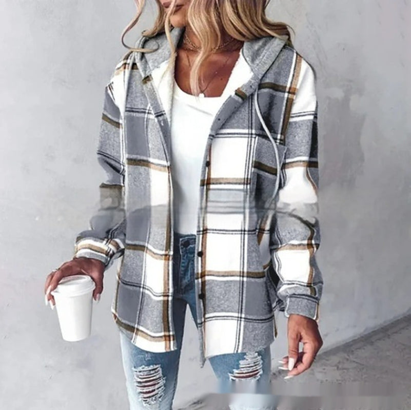 Plaid Hooded Jacket with Button Pockets for Women - Casual Autumn and Winter Outerwear