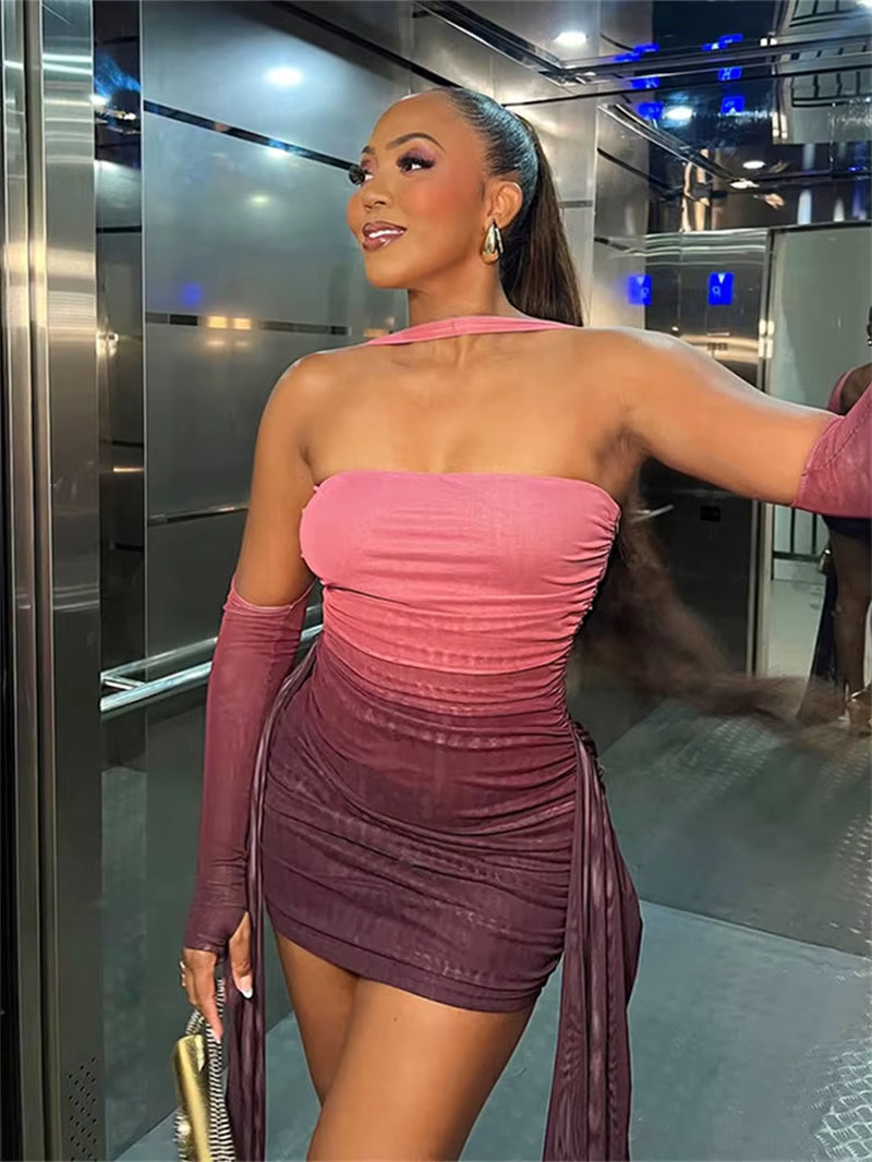 Women's Summer Vacation Sheer Dress with Shawl - Ruched Side Ribbon Bodycon for Evening and Party Wear