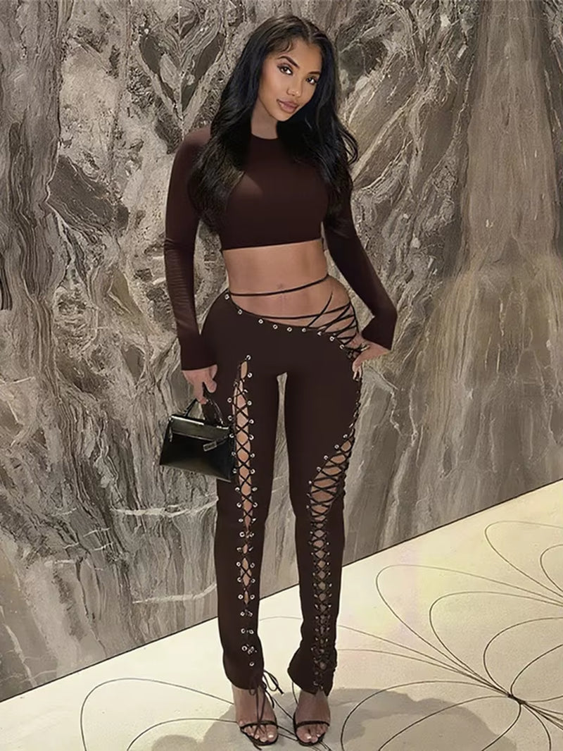 Female Sexy 2 Piece Set Woman O-Neck Navel Exposed Tops+Shirring Irregular Hollow Long Pants Street Fashion Outfits