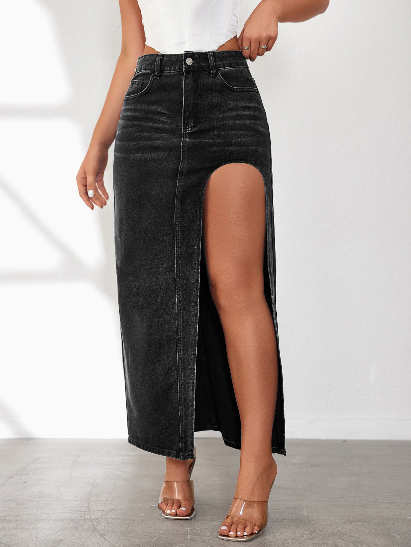 Washed Solid Color Midi Denim Skirt with High Slit for Women