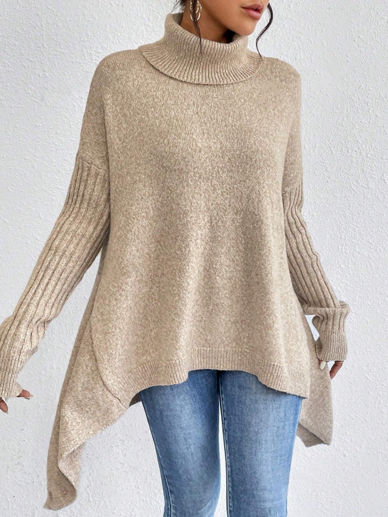 Irregular Turtleneck Loose-Fit Knitted Sweater for Women - Long Sleeve Winter Pullover