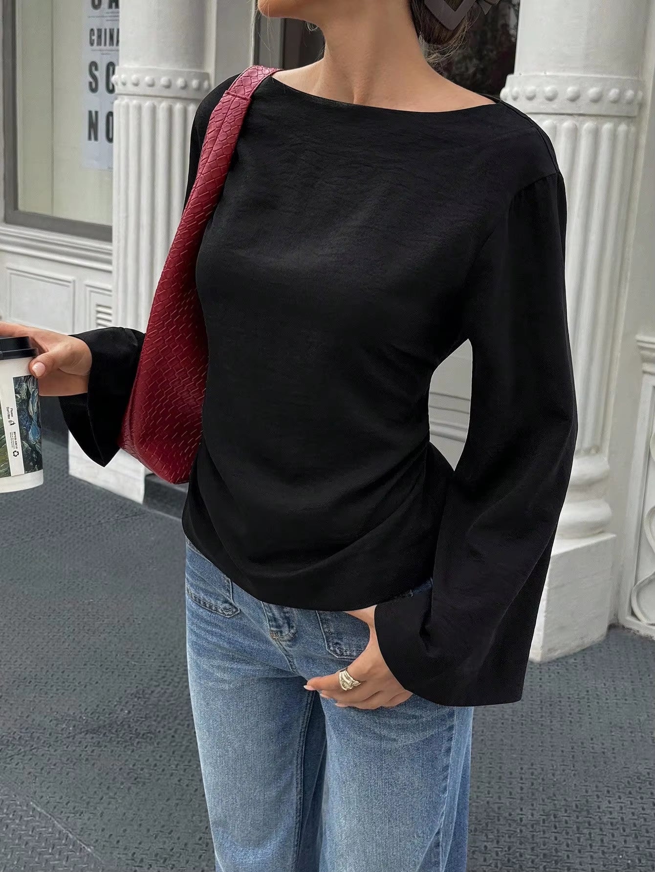 Women's Elegant Boat Neck Flare Sleeve T-Shirt with Back Tie - Slim Fit Long Sleeve Top for Spring/Fall