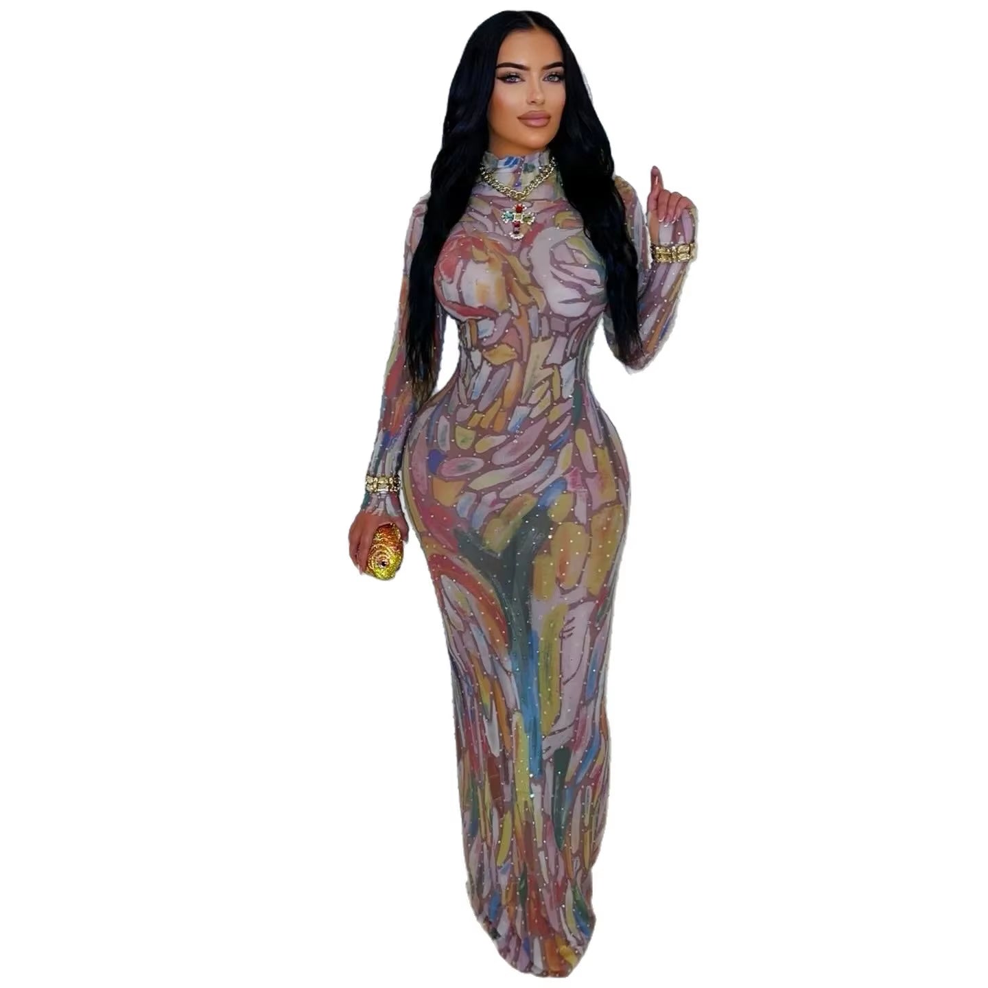 Designer Long Sleeve Performance Dress with Water-Media Net and Diamond Heating for Elegant Birthday Dance Parties