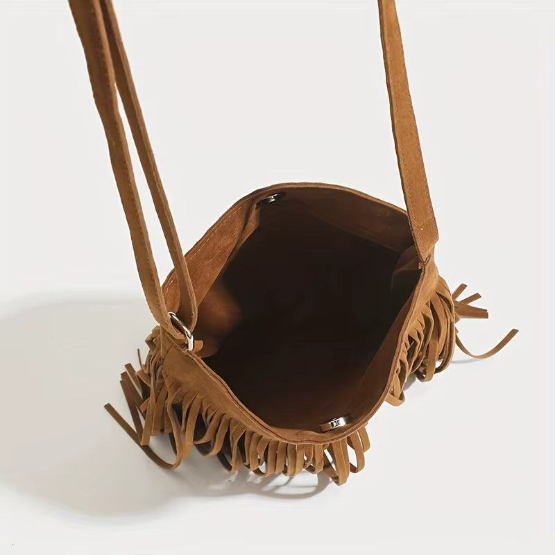 Bohemian-Inspired Suede Crossbody Bag with Tassel Detail - Vintage Casual Fringe Messenger Bag for Women