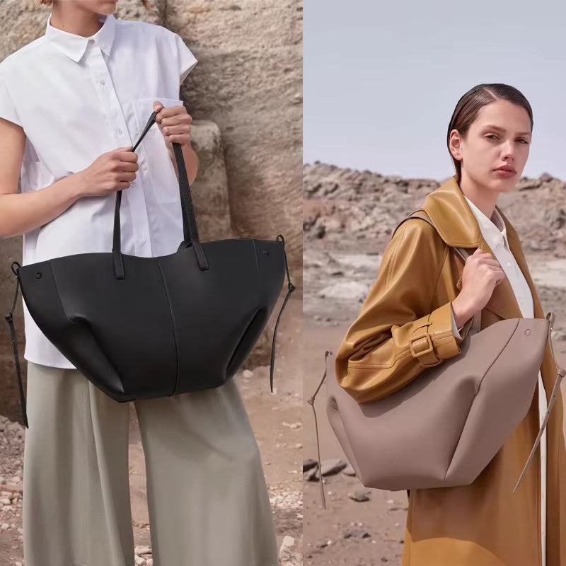 Women's Large Capacity Leather Wing Tote Bag, Pleated Underarm Design, Stylish and Casual One-Shoulder Handbag