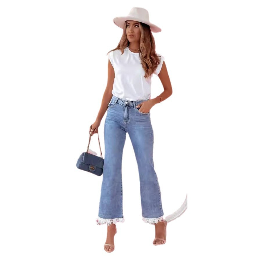 Women's High Waist Slim Fit Bootcut Trousers with Lace Details