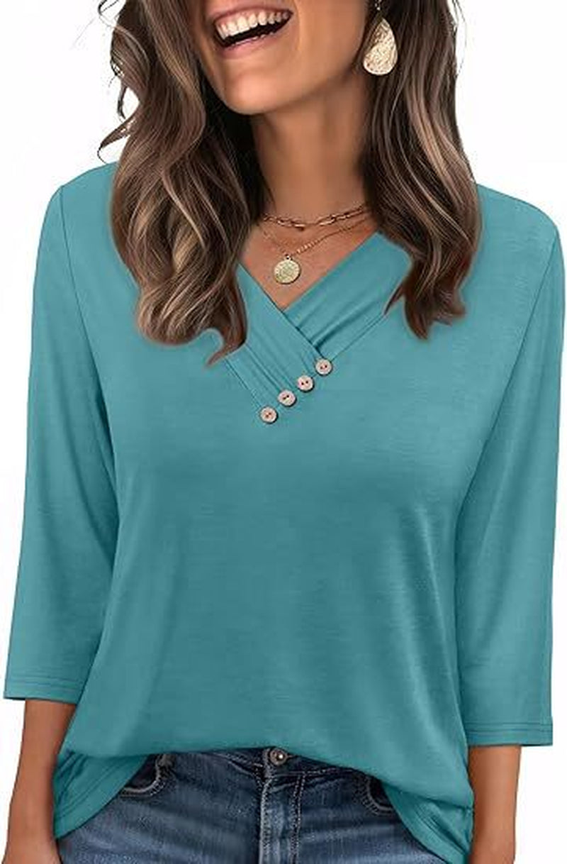 European and American Autumn Women's Button V-Neck Casual T-Shirt