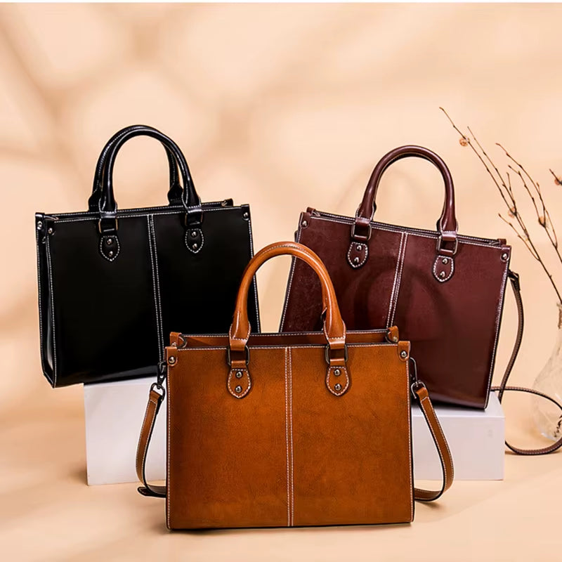 Genuine Leather Women's Crossbody Tote Bag - Fashionable Cowhide Messenger for Shopping and Office Use