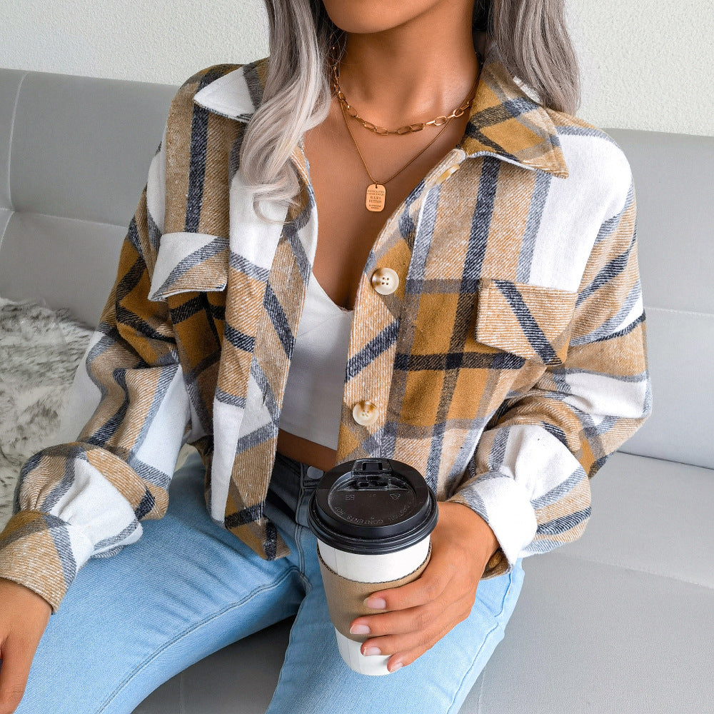 Plaid Lapel Cropped Jacket for Women - Loose-Fitting Long Sleeve Outwear Coat