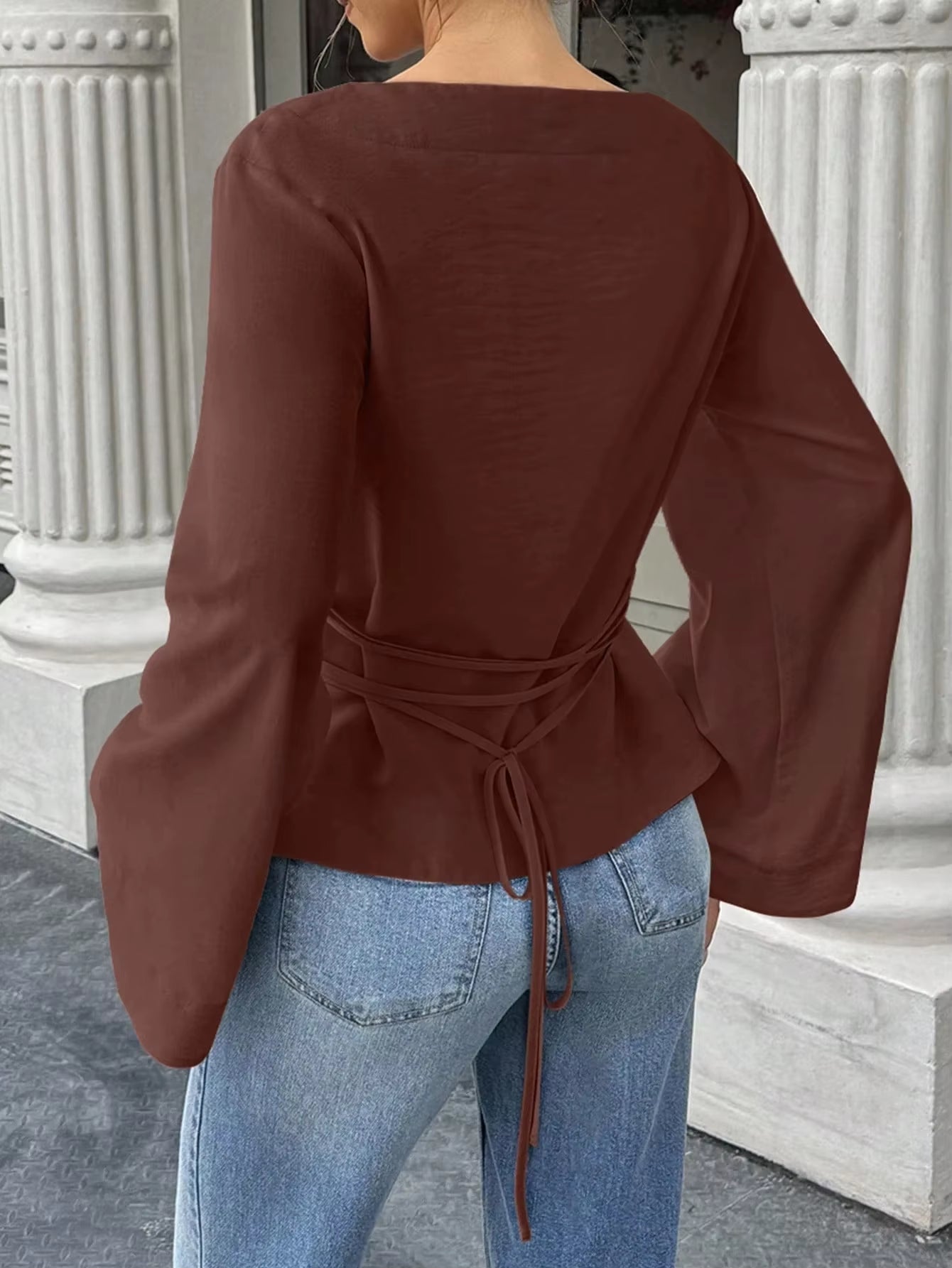 Women's Elegant Boat Neck Flare Sleeve T-Shirt with Back Tie - Slim Fit Long Sleeve Top for Spring/Fall