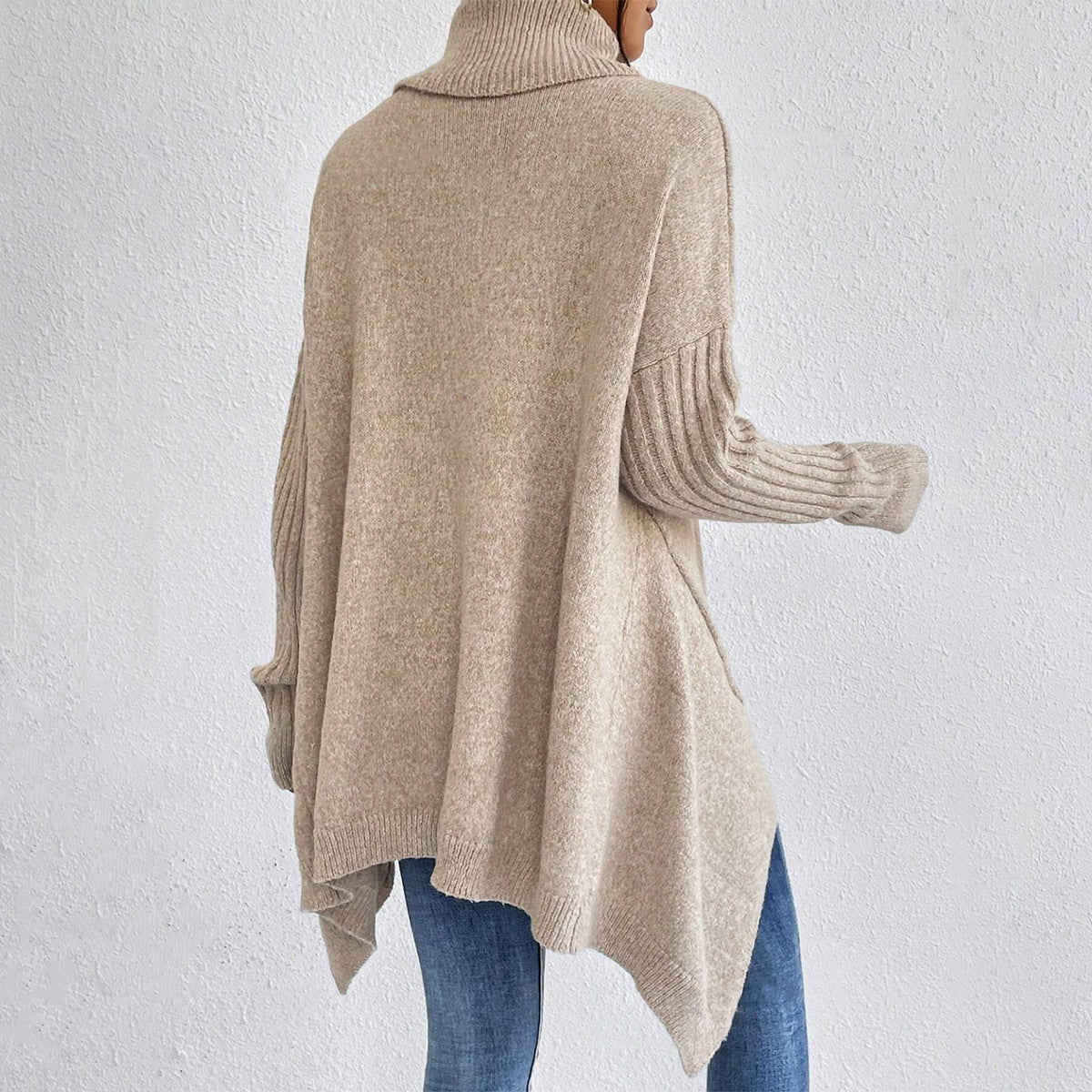 Irregular Turtleneck Loose-Fit Knitted Sweater for Women - Long Sleeve Winter Pullover