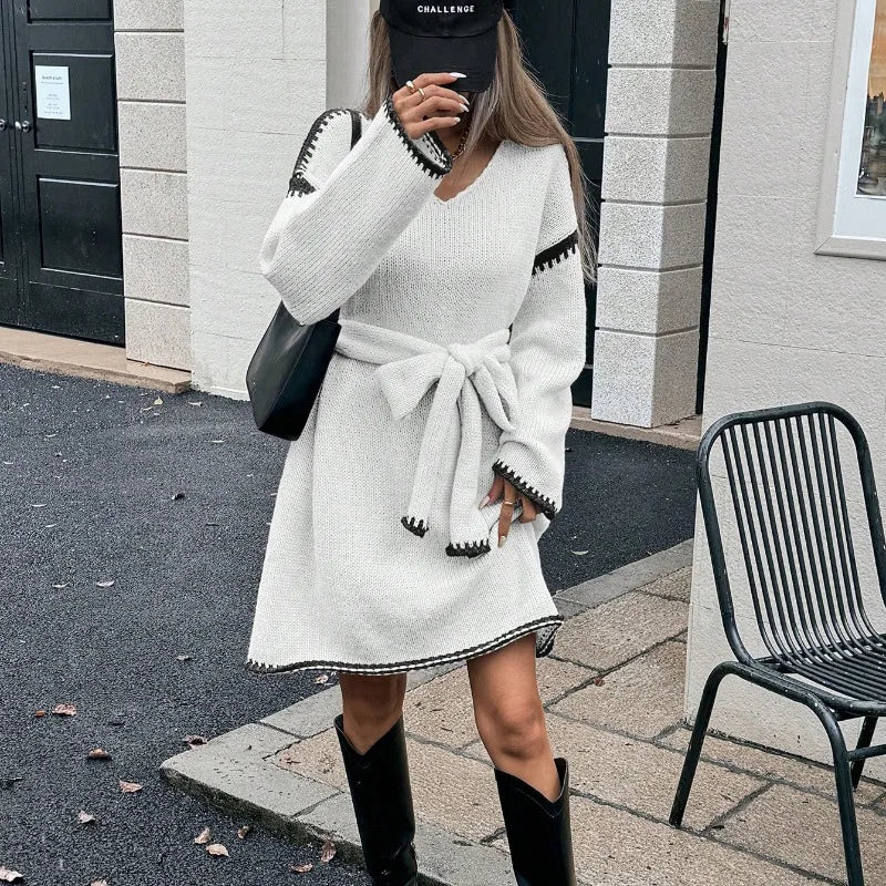 Elegant V-Neck Long Sleeve Knitted Pullover Sweater Dress for Women with Belt - Loose Fit Outwear for Autumn/Winter 2025 Streetwear