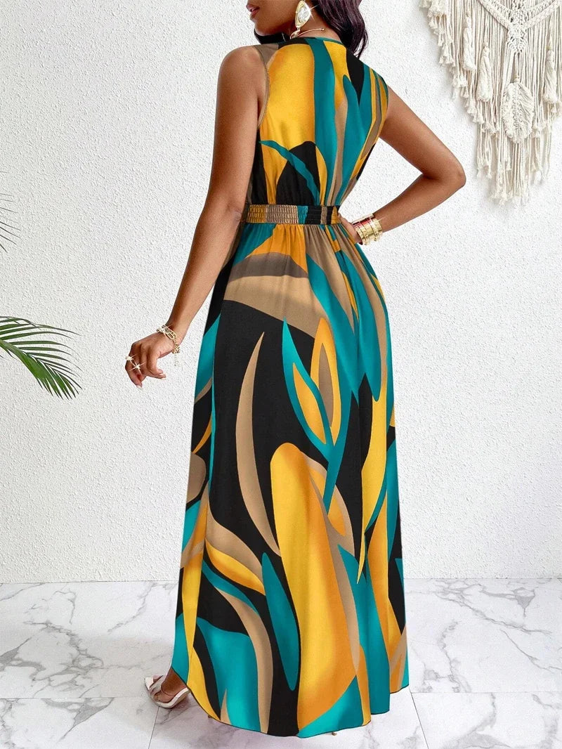 Women's Sleeveless V-Neck Floor-Length Dress with Abstract Prints - Stylish Attire for Beach and Casual Events