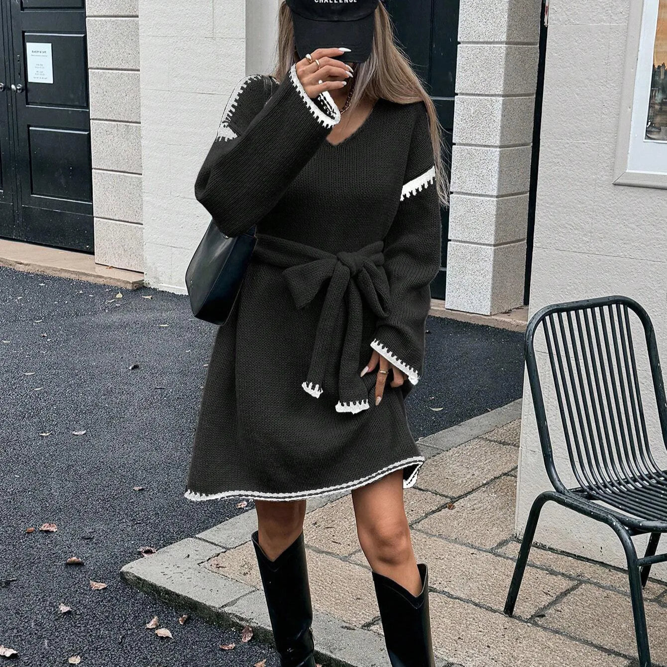 Elegant V-Neck Long Sleeve Knitted Pullover Sweater Dress for Women with Belt - Loose Fit Outwear for Autumn/Winter 2025 Streetwear