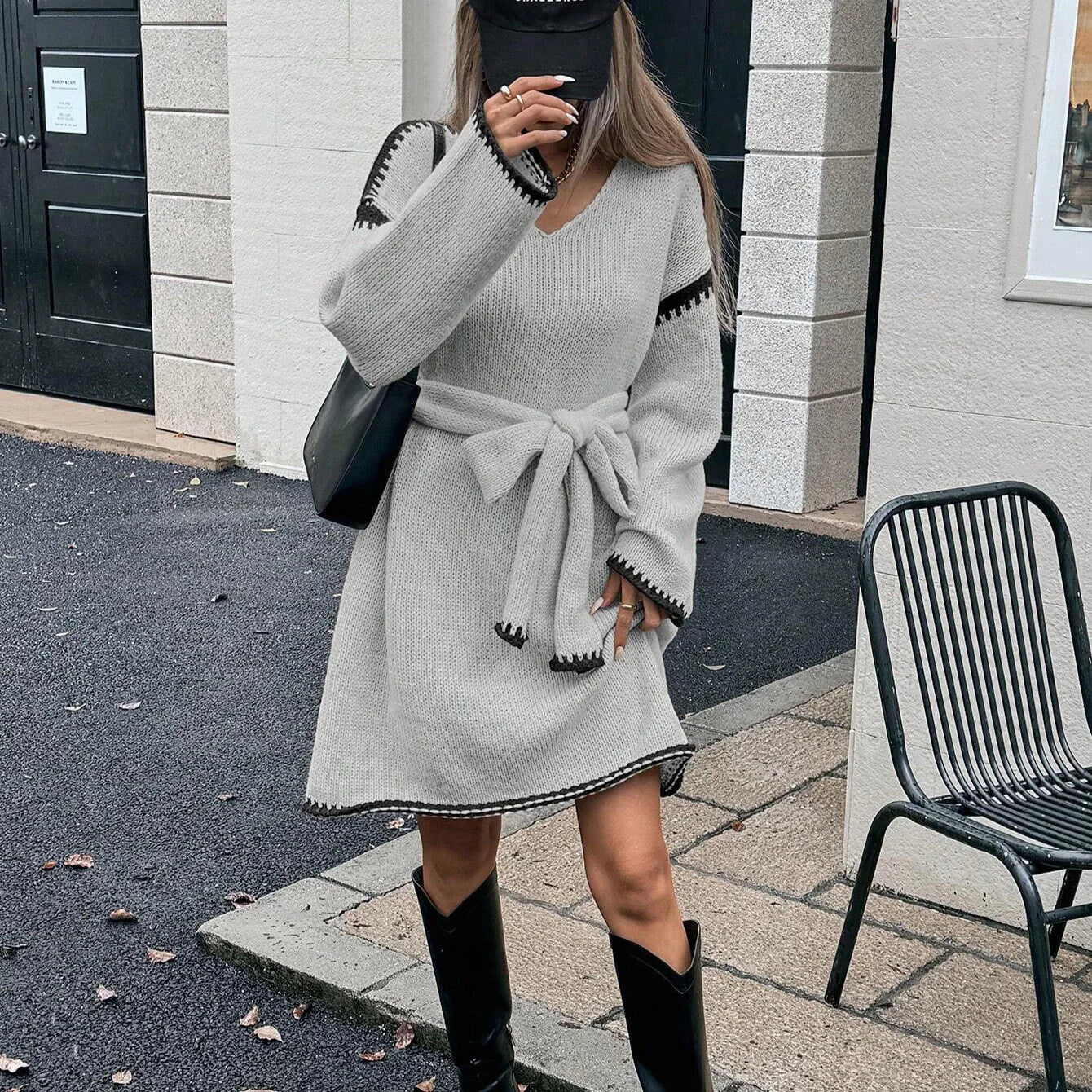 Elegant V-Neck Long Sleeve Knitted Pullover Sweater Dress for Women with Belt - Loose Fit Outwear for Autumn/Winter 2025 Streetwear