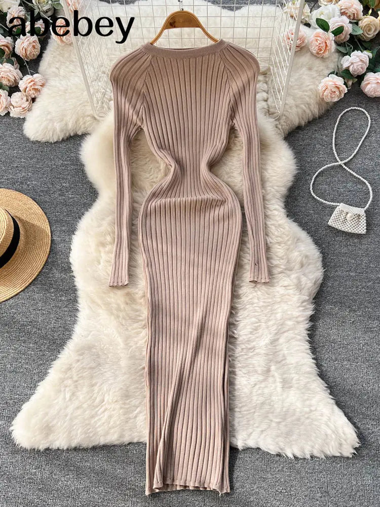 Women's Autumn Knitted Bodycon Dress with O-Neck and Oversized Fit - Elegant Winter Sweater Dress