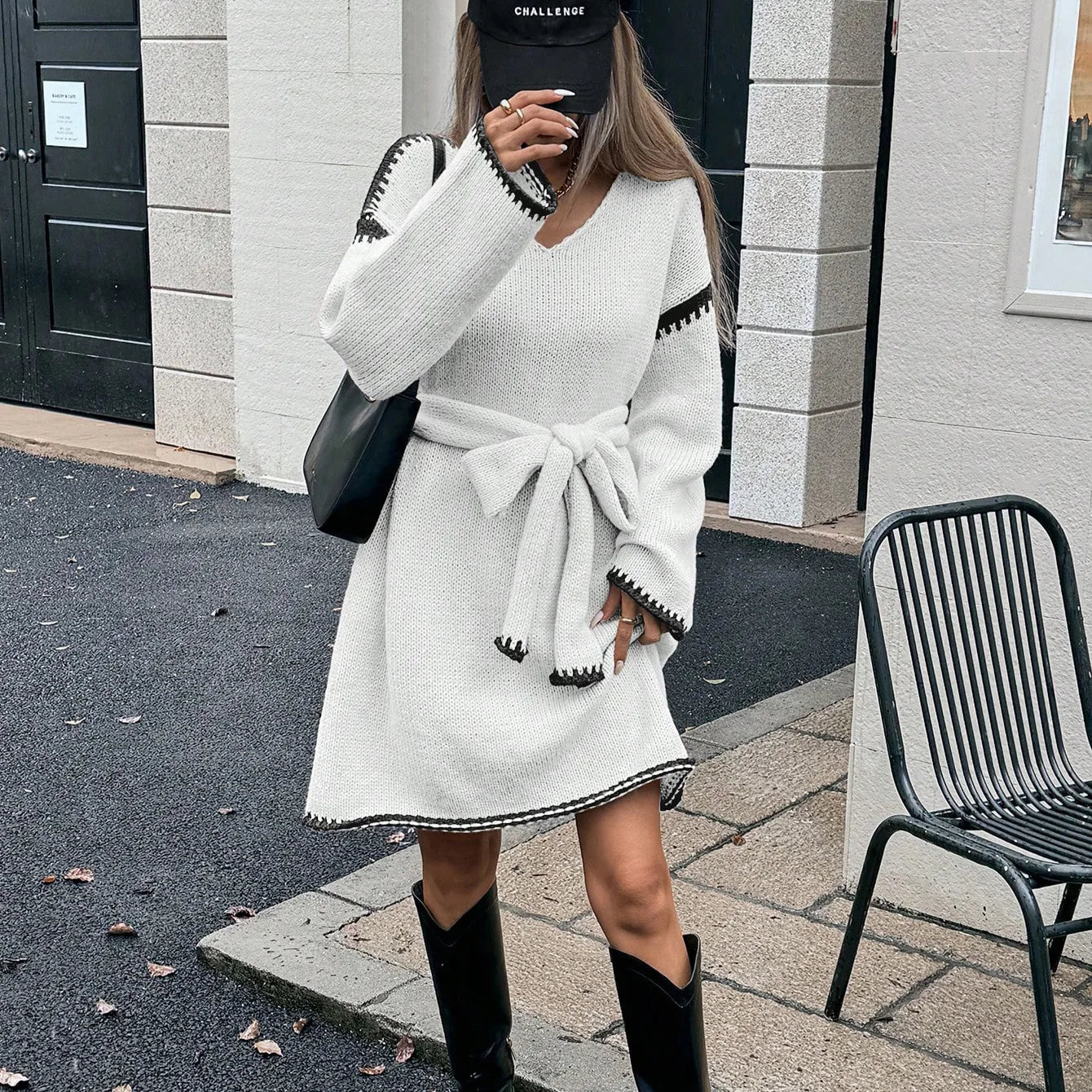 Elegant V-Neck Long Sleeve Knitted Pullover Sweater Dress for Women with Belt - Loose Fit Outwear for Autumn/Winter 2025 Streetwear