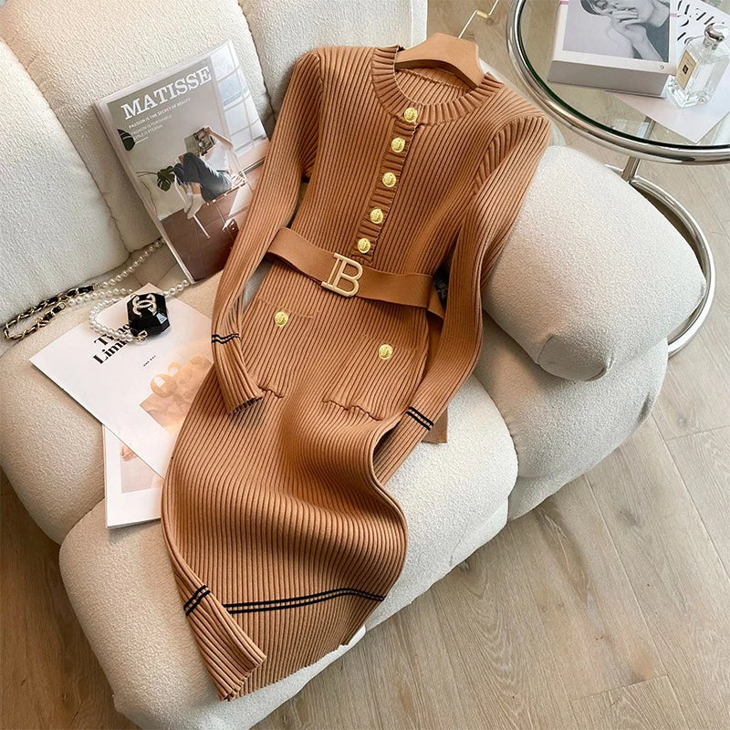 2025 Autumn/Winter Women's Knitted Bodycon Sweater Dress with Belt and O-Neck Design for Office Wear