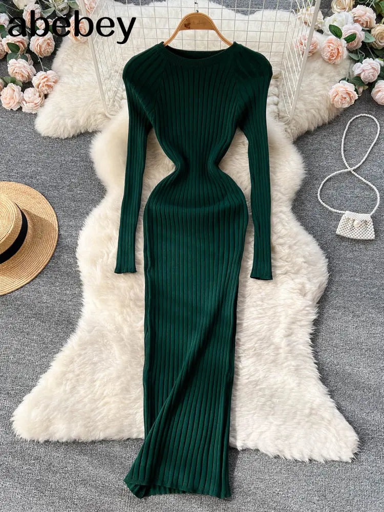 Women's Autumn Knitted Bodycon Dress with O-Neck and Oversized Fit - Elegant Winter Sweater Dress