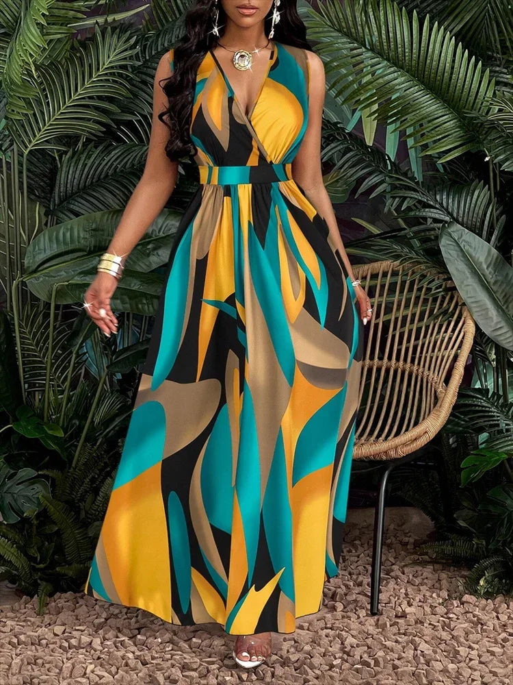 Women's Sleeveless V-Neck Floor-Length Dress with Abstract Prints - Stylish Attire for Beach and Casual Events