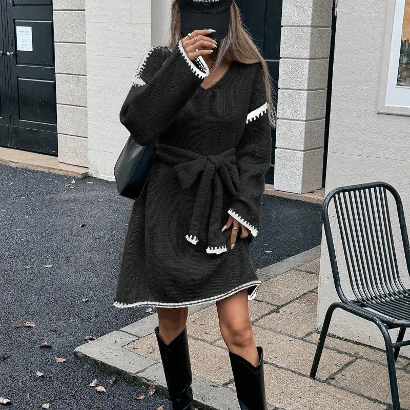 Elegant V-Neck Long Sleeve Knitted Pullover Sweater Dress for Women with Belt - Loose Fit Outwear for Autumn/Winter 2025 Streetwear