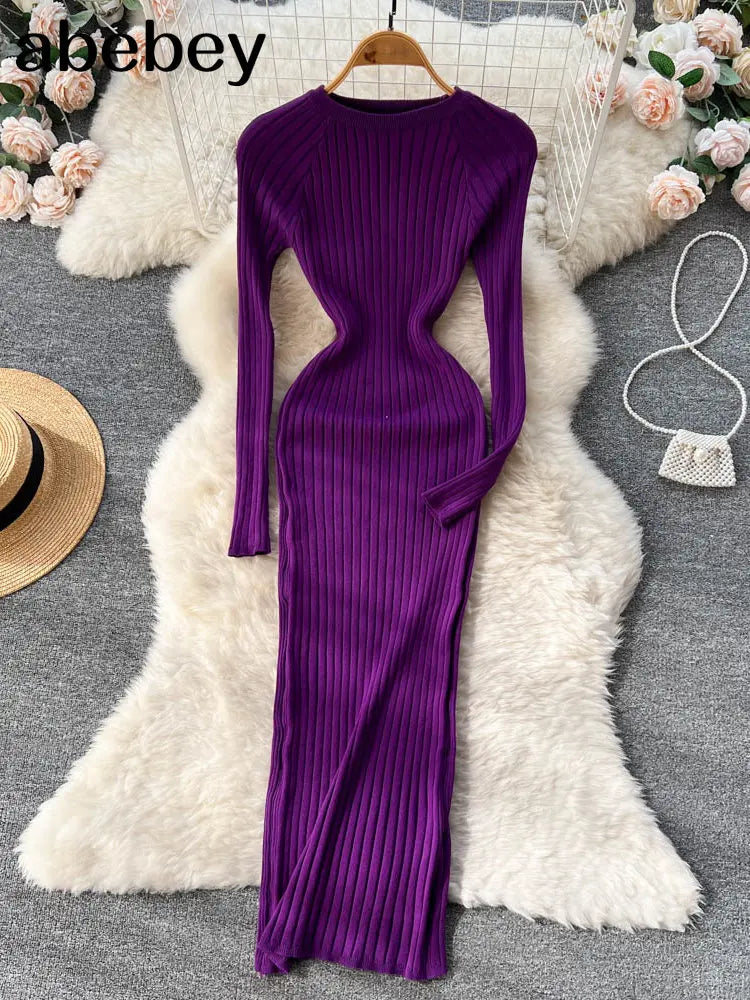 Women's Autumn Knitted Bodycon Dress with O-Neck and Oversized Fit - Elegant Winter Sweater Dress