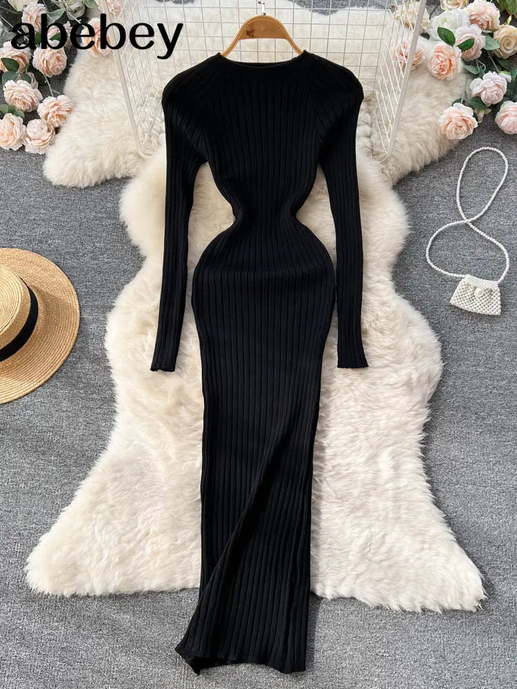 Women's Autumn Knitted Bodycon Dress with O-Neck and Oversized Fit - Elegant Winter Sweater Dress