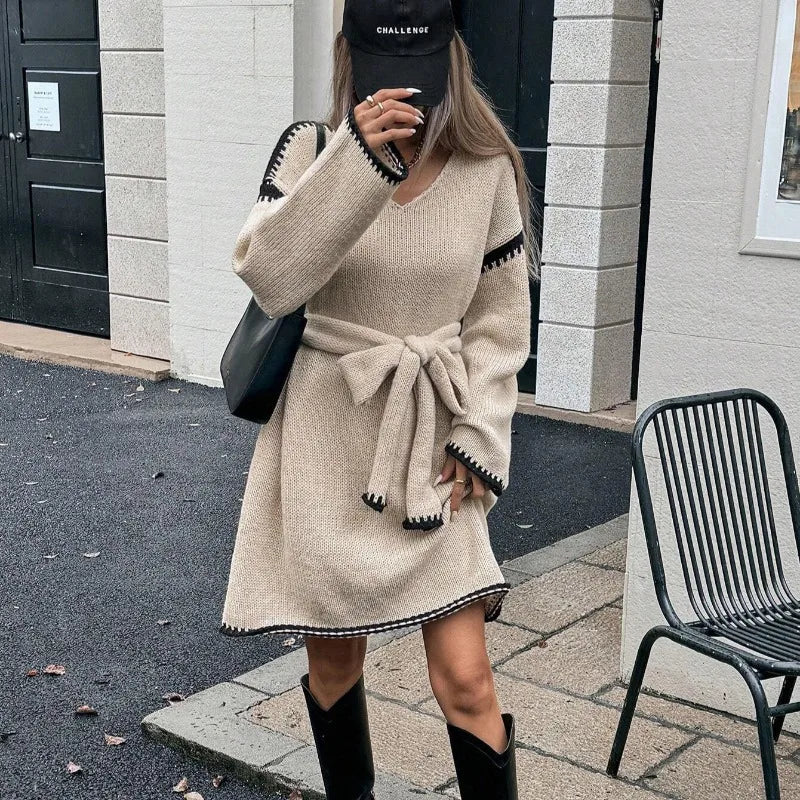 Elegant V-Neck Long Sleeve Knitted Pullover Sweater Dress for Women with Belt - Loose Fit Outwear for Autumn/Winter 2025 Streetwear