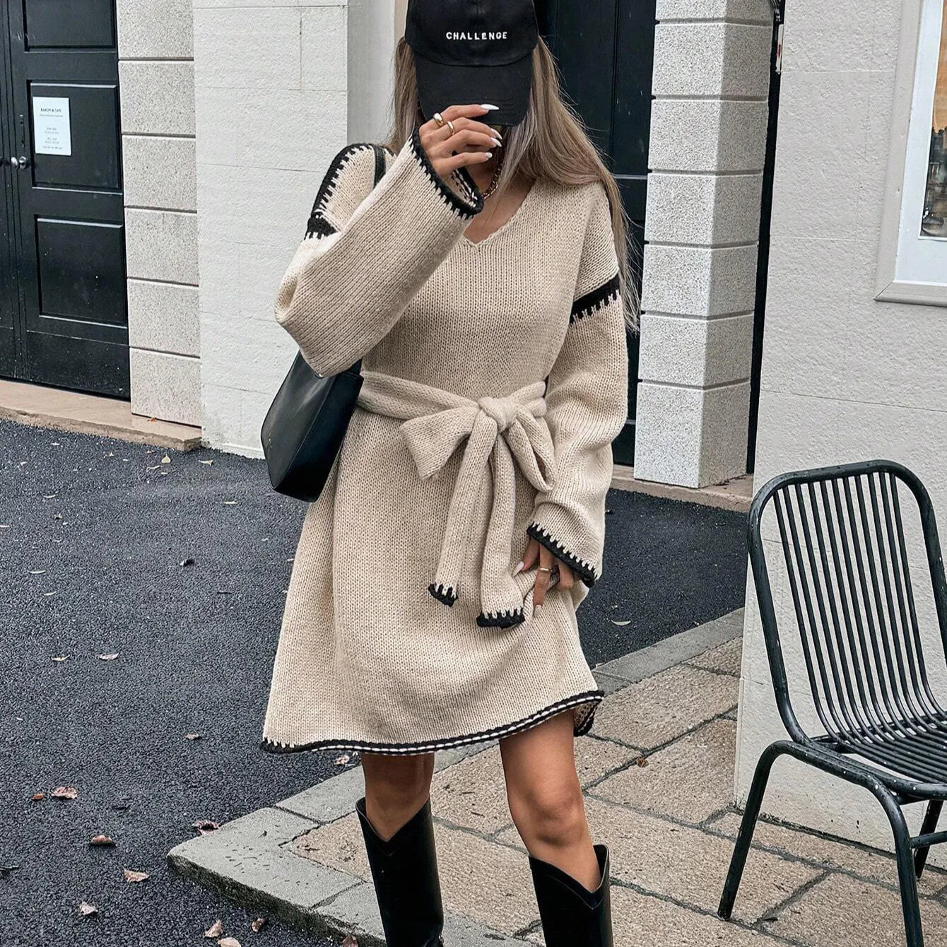 Elegant V-Neck Long Sleeve Knitted Pullover Sweater Dress for Women with Belt - Loose Fit Outwear for Autumn/Winter 2025 Streetwear